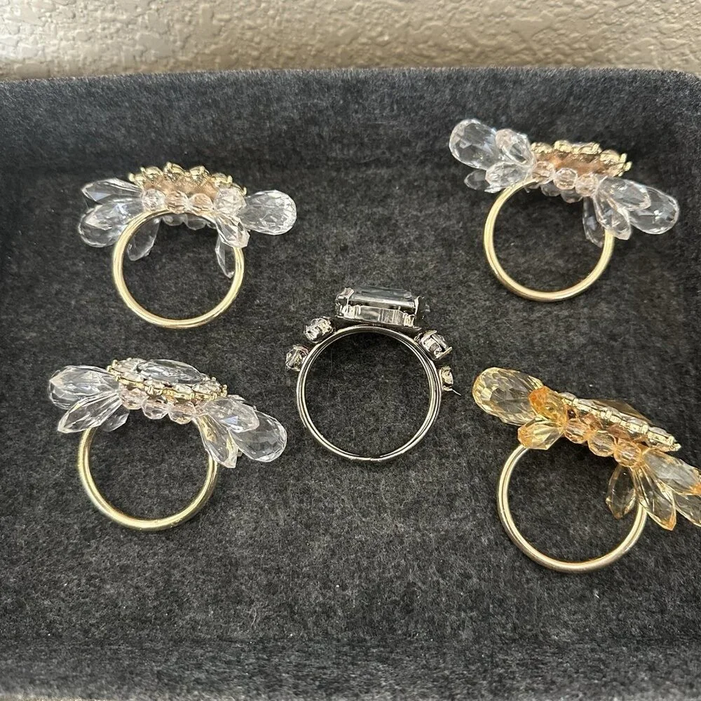 Set Of Five Rhinestone Napkin Rings Gold Silver Crystal Yellow READ‎